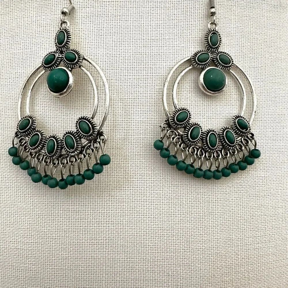 Silver tone and green beaded earrings